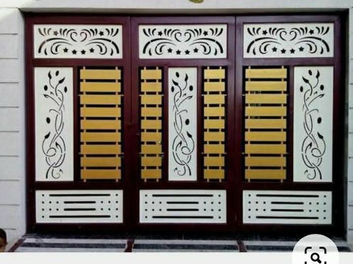 Maroon Sliding Gate with Gold Accents and CNC Carvings